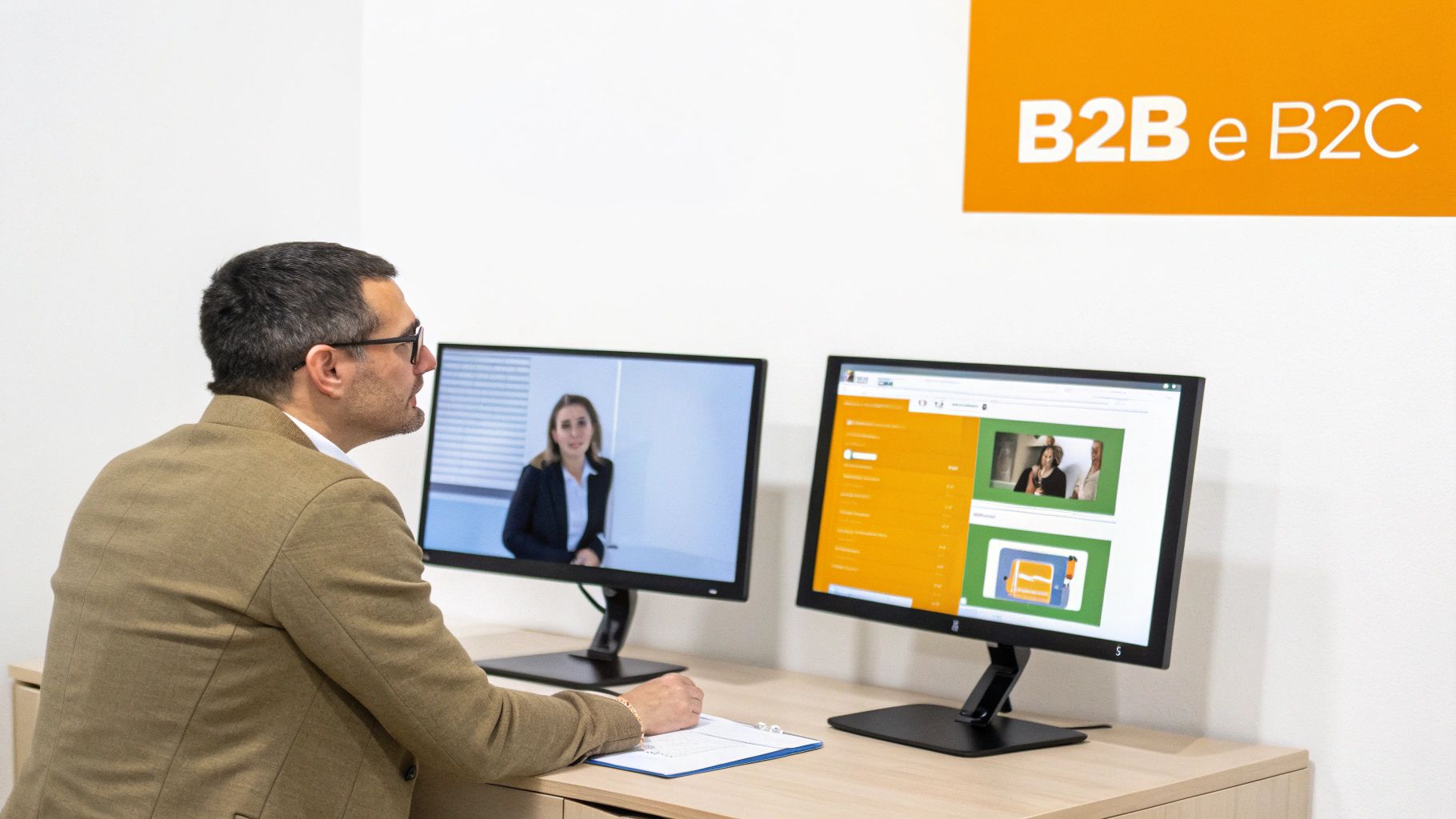 Homem de óculos em um escritório olhando para dois monitores com conteúdo de vídeo e web, incluindo banner B2B e B2C.