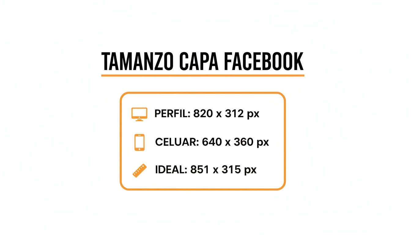 Dimensões para capas do Facebook: perfil (820x312 px), celular (640x360 px) e ideal (851x315 px).