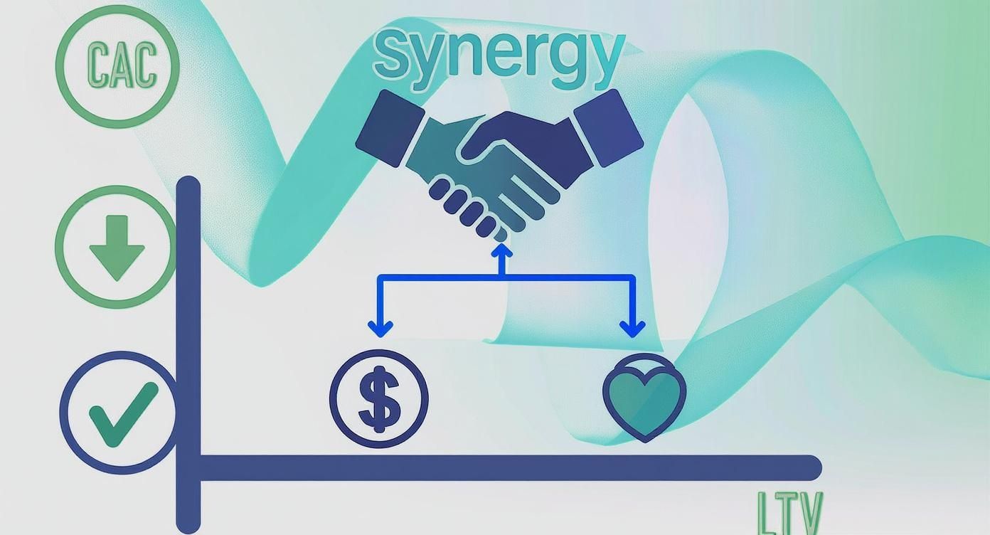 Diagrama mostrando sinergia entre parceiros com aperto de mãos, ícones de dinheiro e coração representando colaboração empresarial