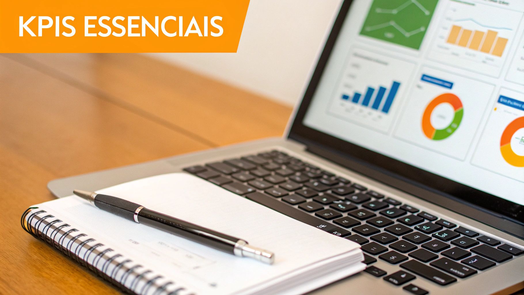 Laptop com painel de KPIs e gráficos, caderno e caneta em mesa de madeira, com título 'KPIs Essenciais'.