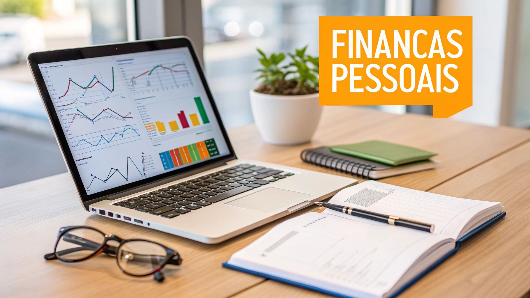 Mesa de escritório com laptop exibindo gráficos financeiros e balão de texto 'Finanças Pessoais'.