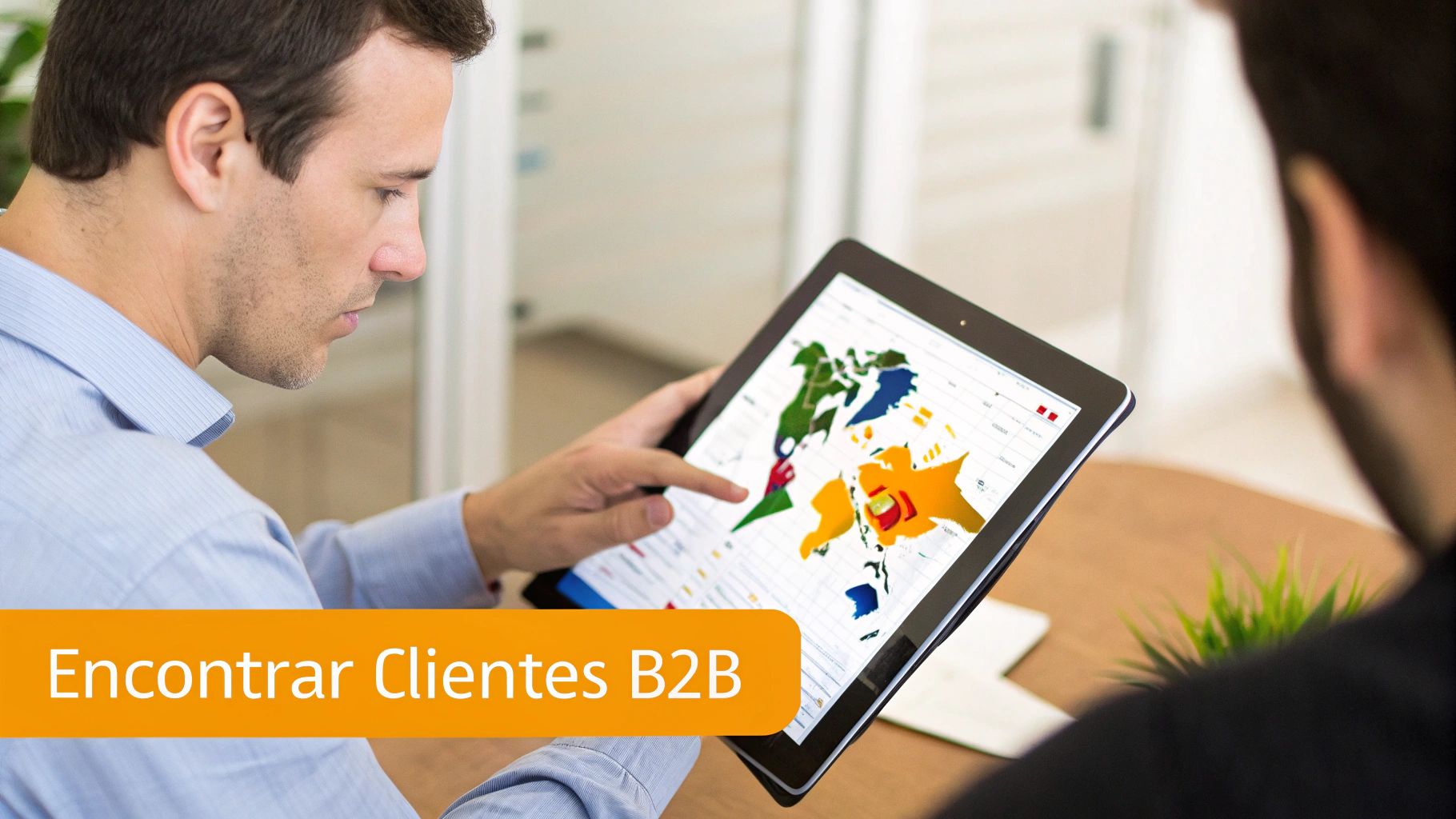 Um homem de camisa azul analisa dados de um mapa-múndi em um tablet, com o texto 'Encontrar Clientes B2B' em destaque.