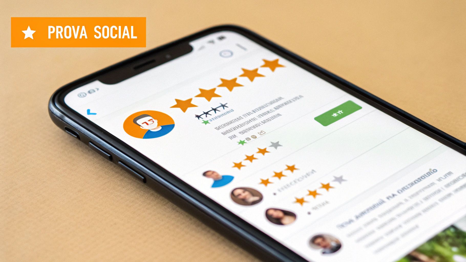 Smartphone exibindo um aplicativo de avaliações com estrelas de classificação e perfis de usuários. Banner 'PROVA SOCIAL'.