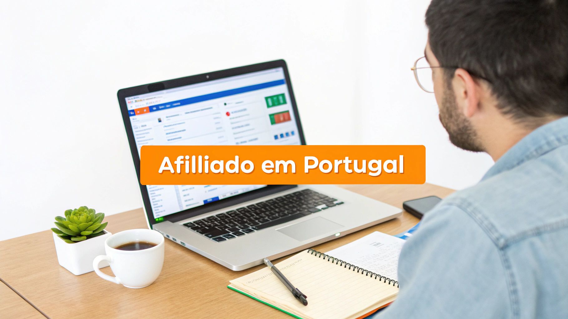 Homem com óculos trabalhando em um laptop com uma xícara de café e um caderno em uma mesa, com o texto 'Afiliado em Portugal'.
