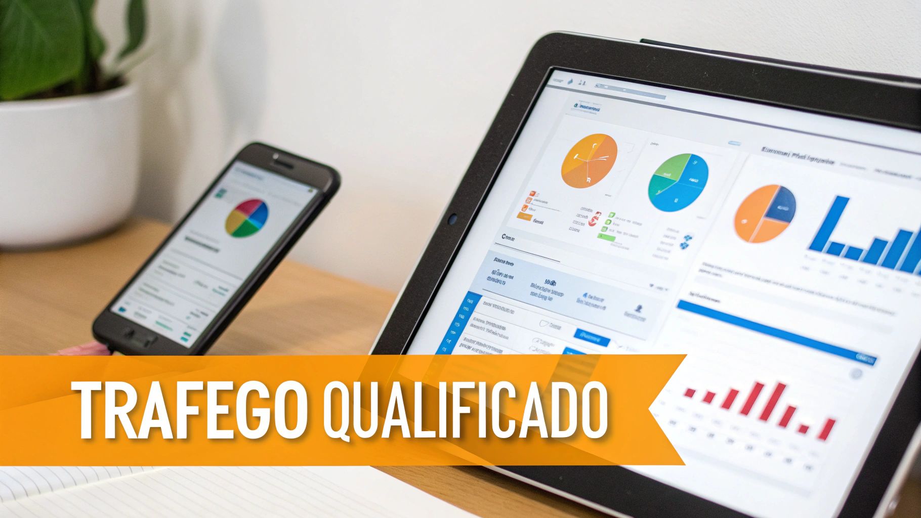 Tablet e smartphone exibindo gráficos e dados de marketing digital para análise de tráfego qualificado e funil de vendas.