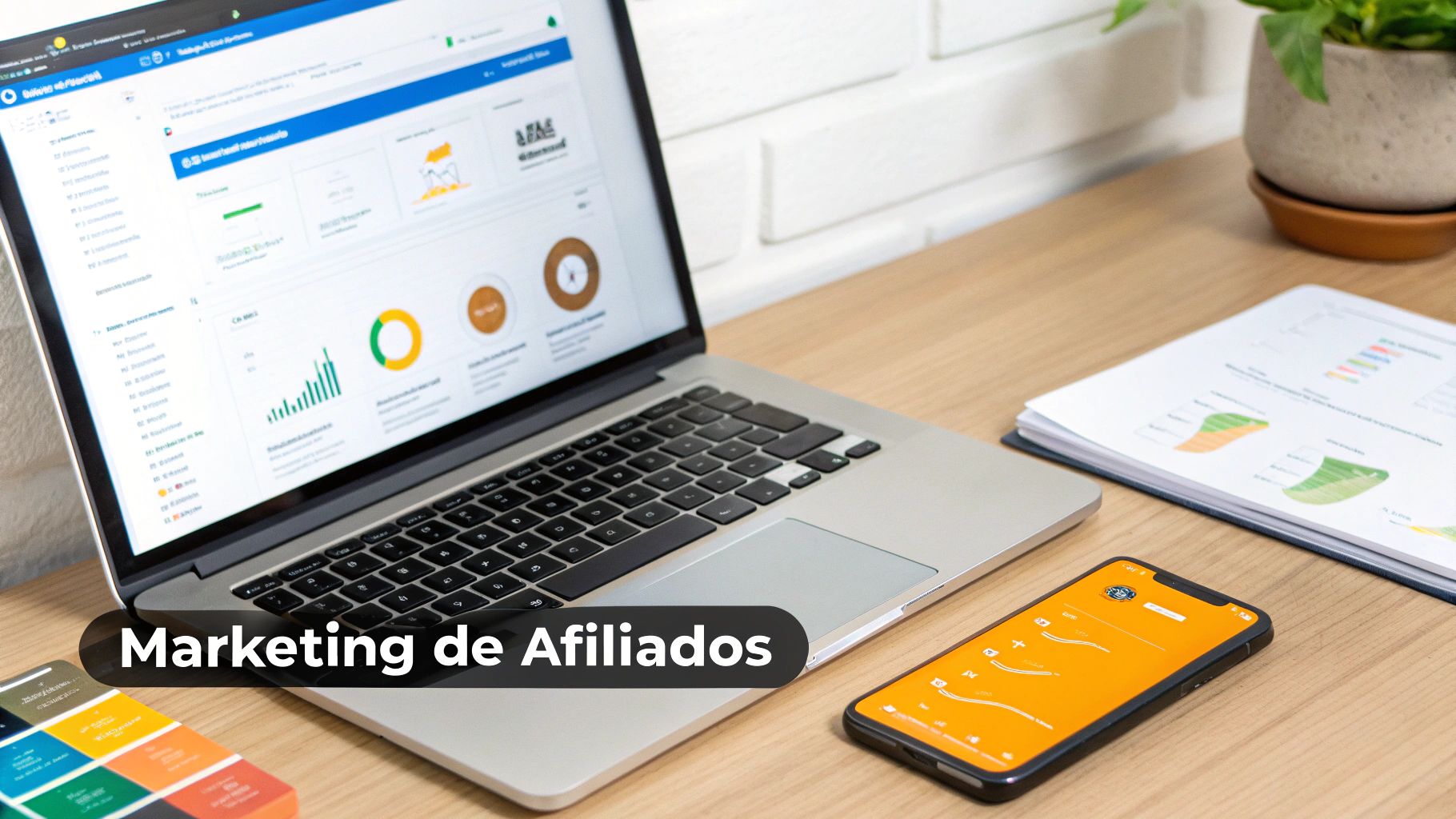 Visão de um laptop exibindo gráficos de marketing de afiliados, documentos impressos e um smartphone em uma mesa de trabalho de madeira.