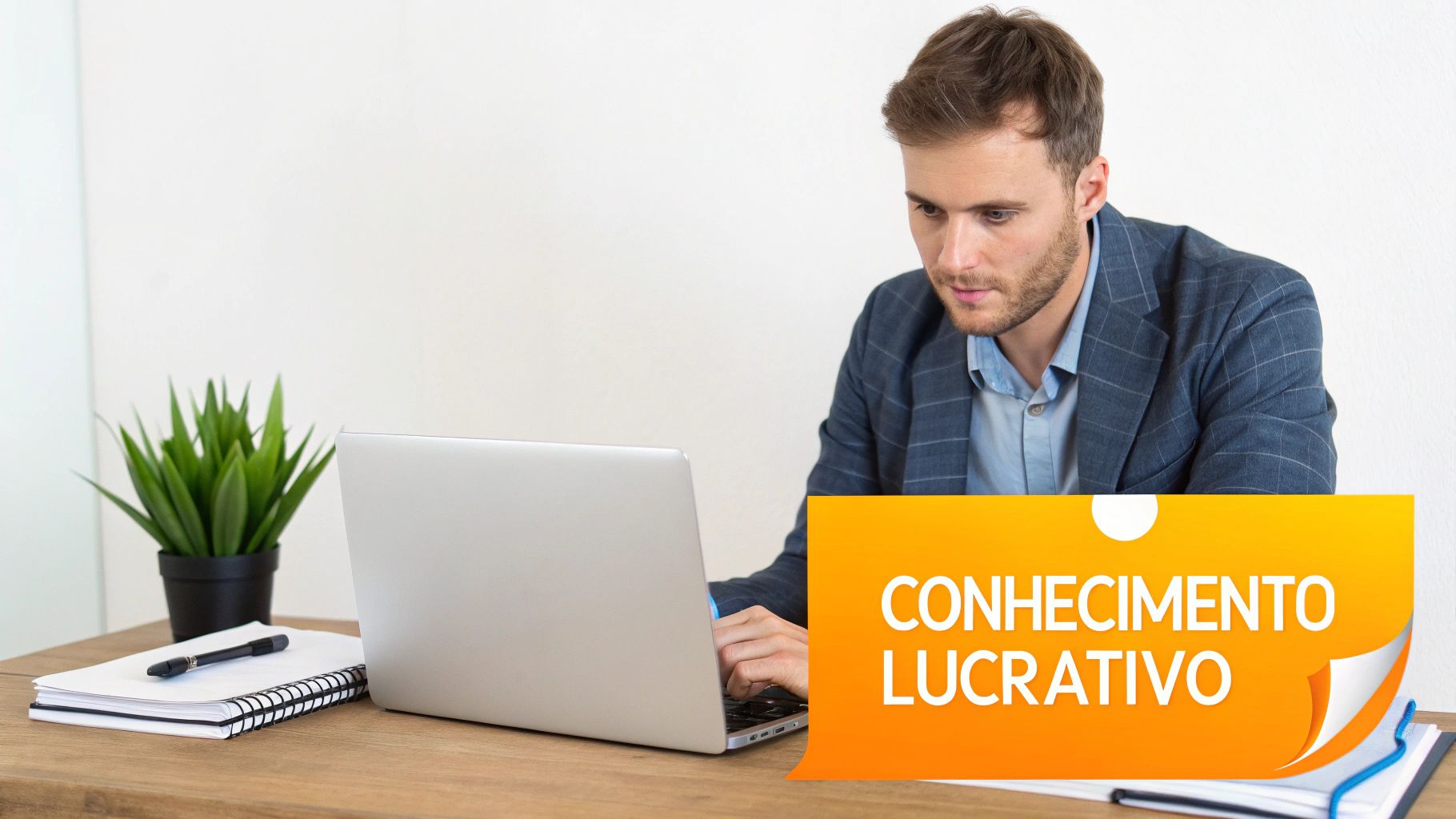 Homem focado trabalhando em um laptop, com a frase 'Conhecimento Lucrativo' em um banner laranja.