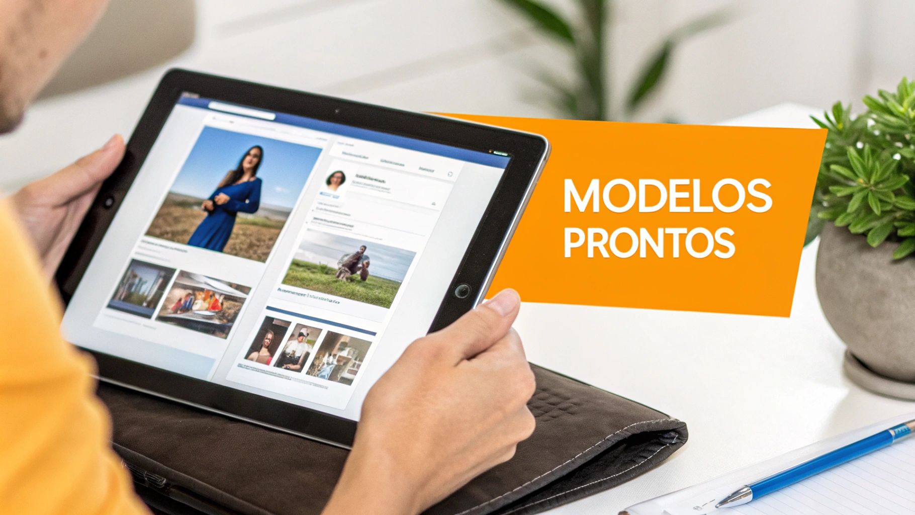 Pessoa segurando um tablet exibindo um feed de fotos do Facebook e um banner 'MODELOS PRONTOS'.