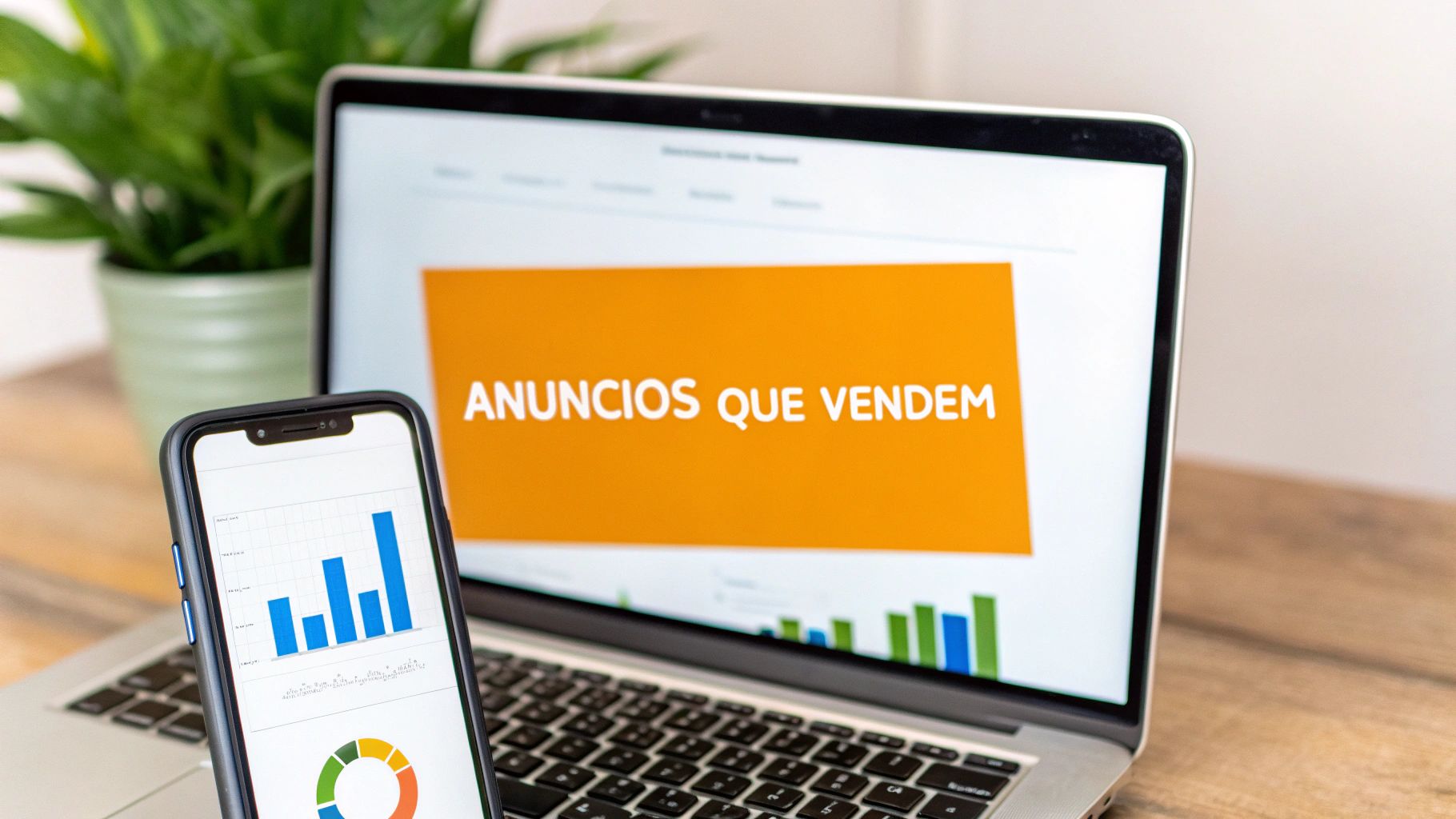 Laptop exibindo apresentação sobre anúncios que vendem com smartphone mostrando gráficos de análise de dados