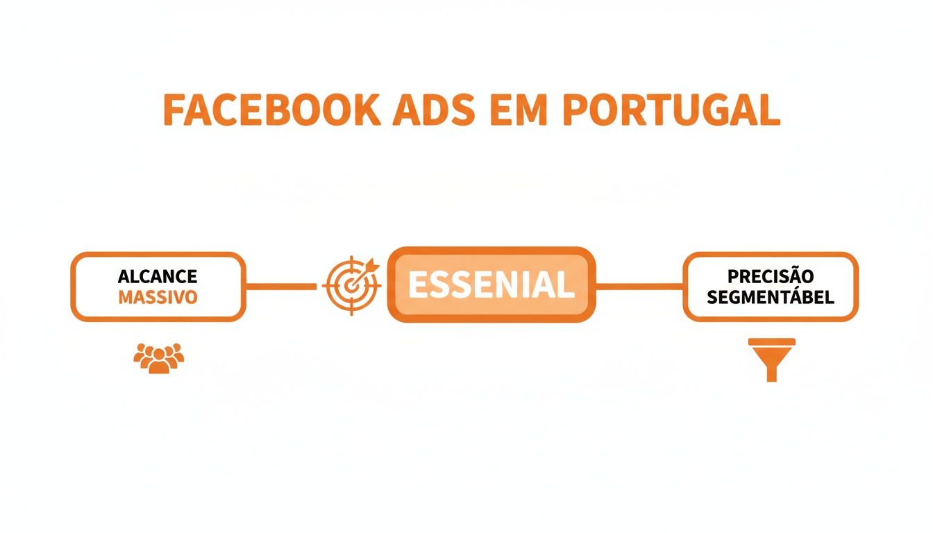 Diagrama de fluxo de Facebook Ads em Portugal, mostrando alcance massivo, essencial e precisão segmentável.