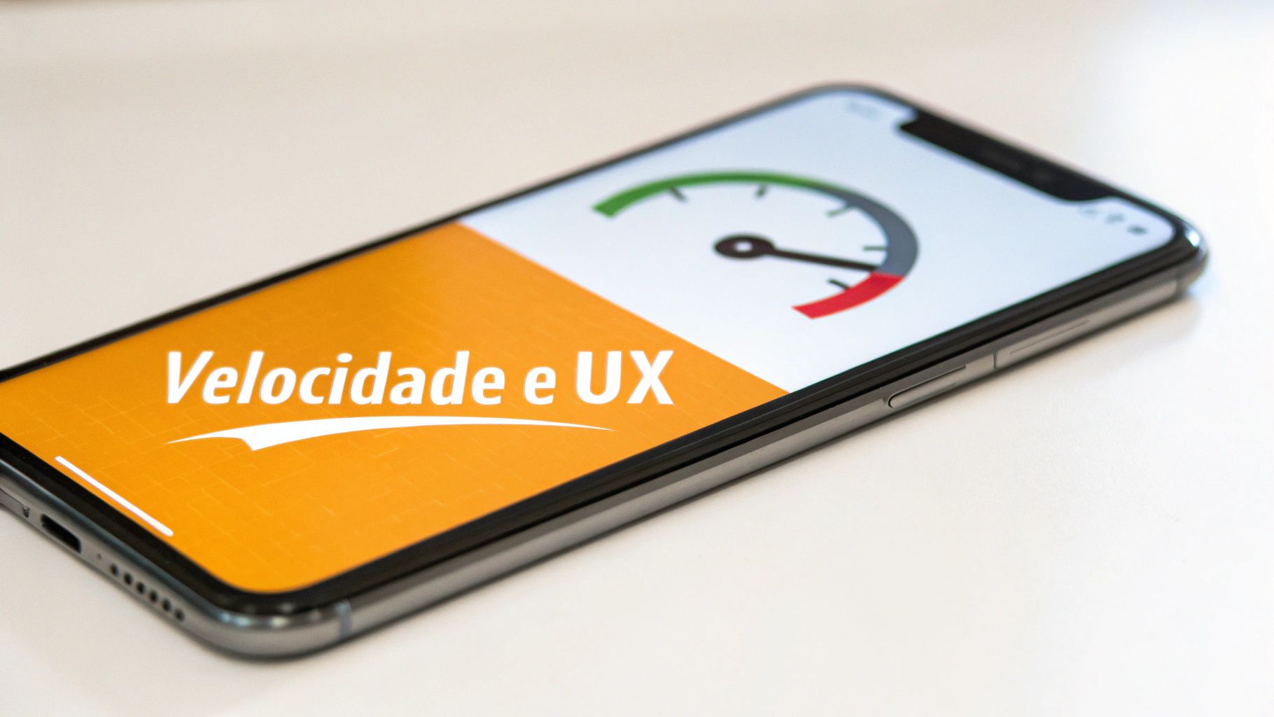 Um smartphone exibindo 'Velocidade e UX' e um medidor de desempenho, com a agulha na zona vermelha.