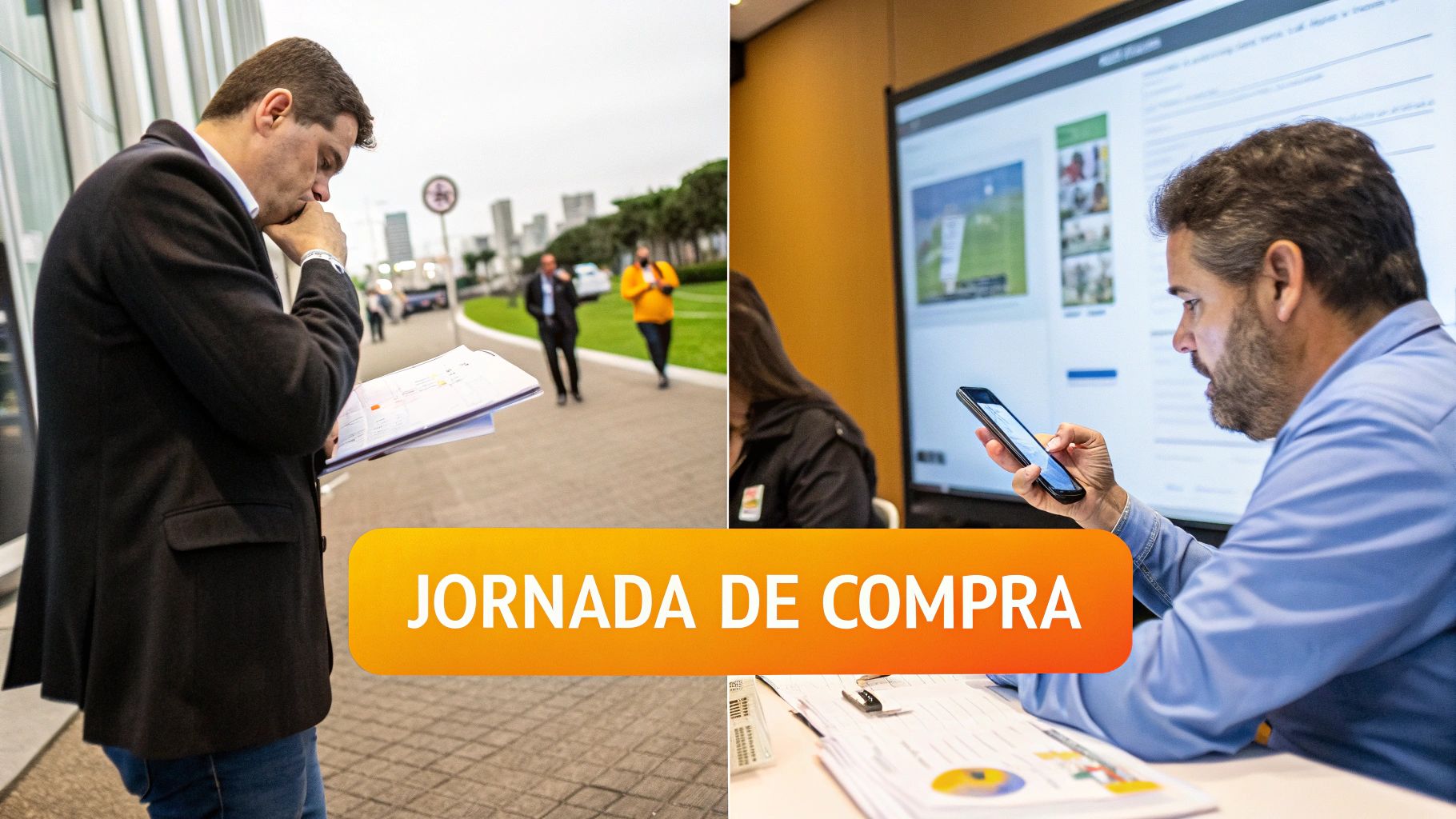 Homens em diferentes cenários, um lendo documentos e outro usando celular, relacionados à jornada de compra.