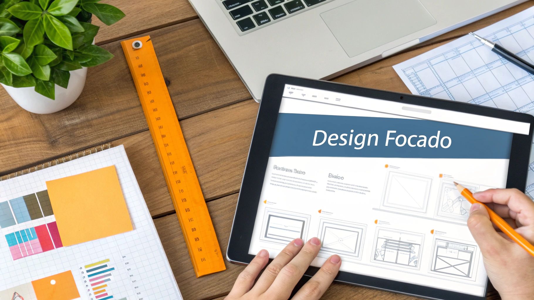 Visão aérea de uma pessoa trabalhando em um tablet com 'Design Focado', laptop, régua e caderno em uma mesa de madeira.