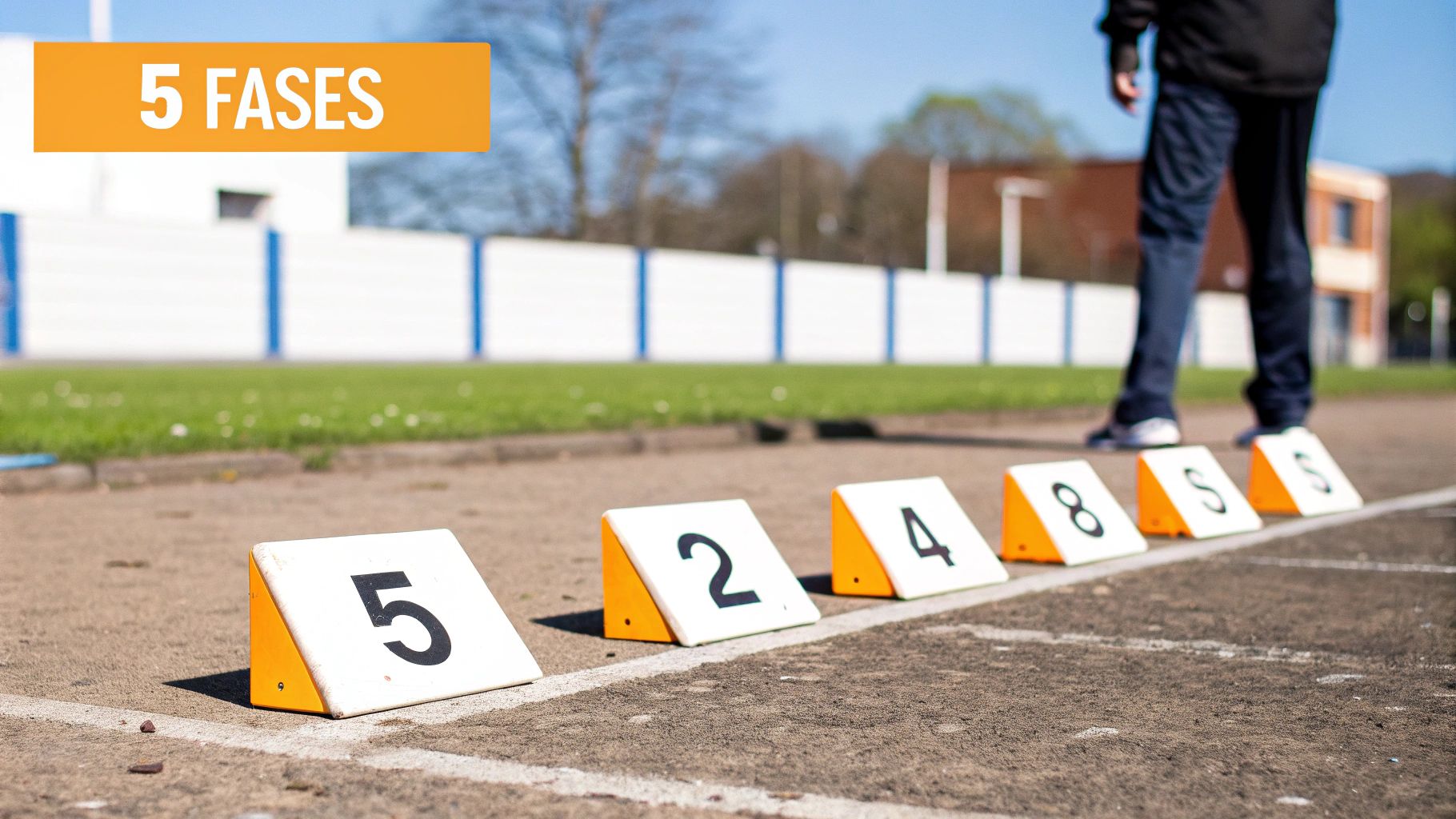 Marcadores numerados de pista de corrida com um atleta no fundo e o texto "5 FASES" em destaque.