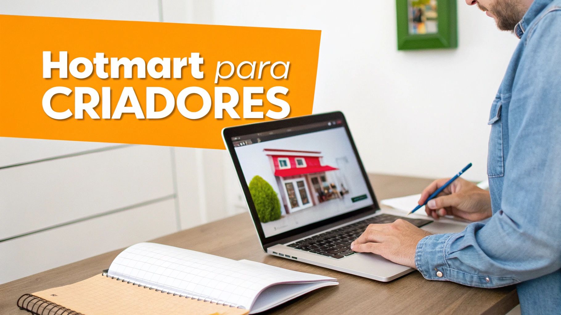 Um homem trabalhando em um laptop e escrevendo em um caderno, com o texto 'Hotmart para CRIADORES' em destaque.