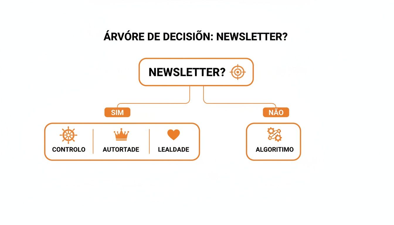 Árvore de decisão simples sobre se deve usar uma newsletter, mostrando benefícios de controle, autoridade e lealdade versus depender de algoritmos.