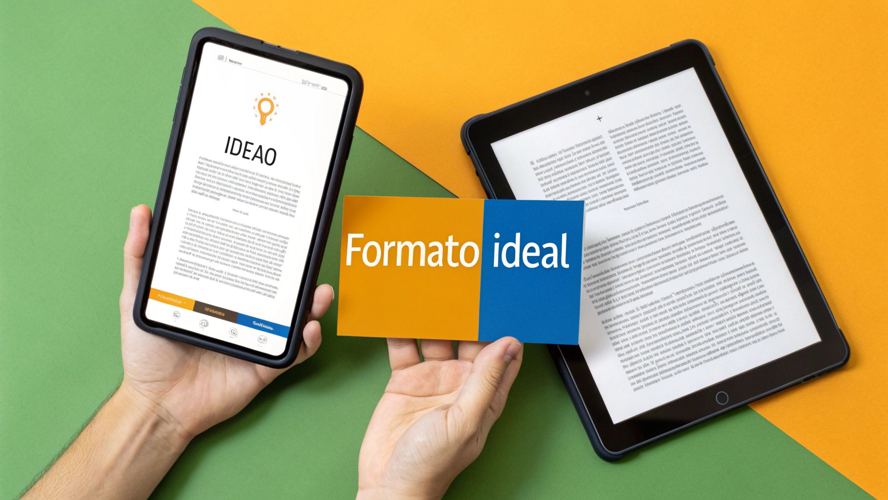 Mãos segurando tablets exibindo ebooks digitais com texto 'Formato ideal' em fundo colorido