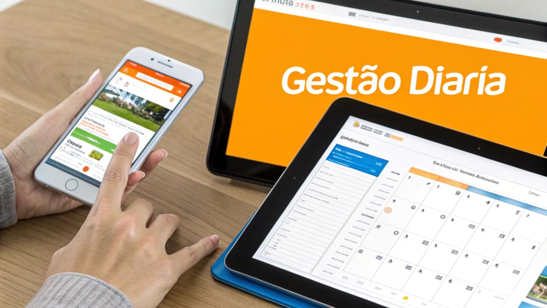 Pessoa usando smartphone e tablet para gestão diária de negócios com aplicativo mobile e desktop