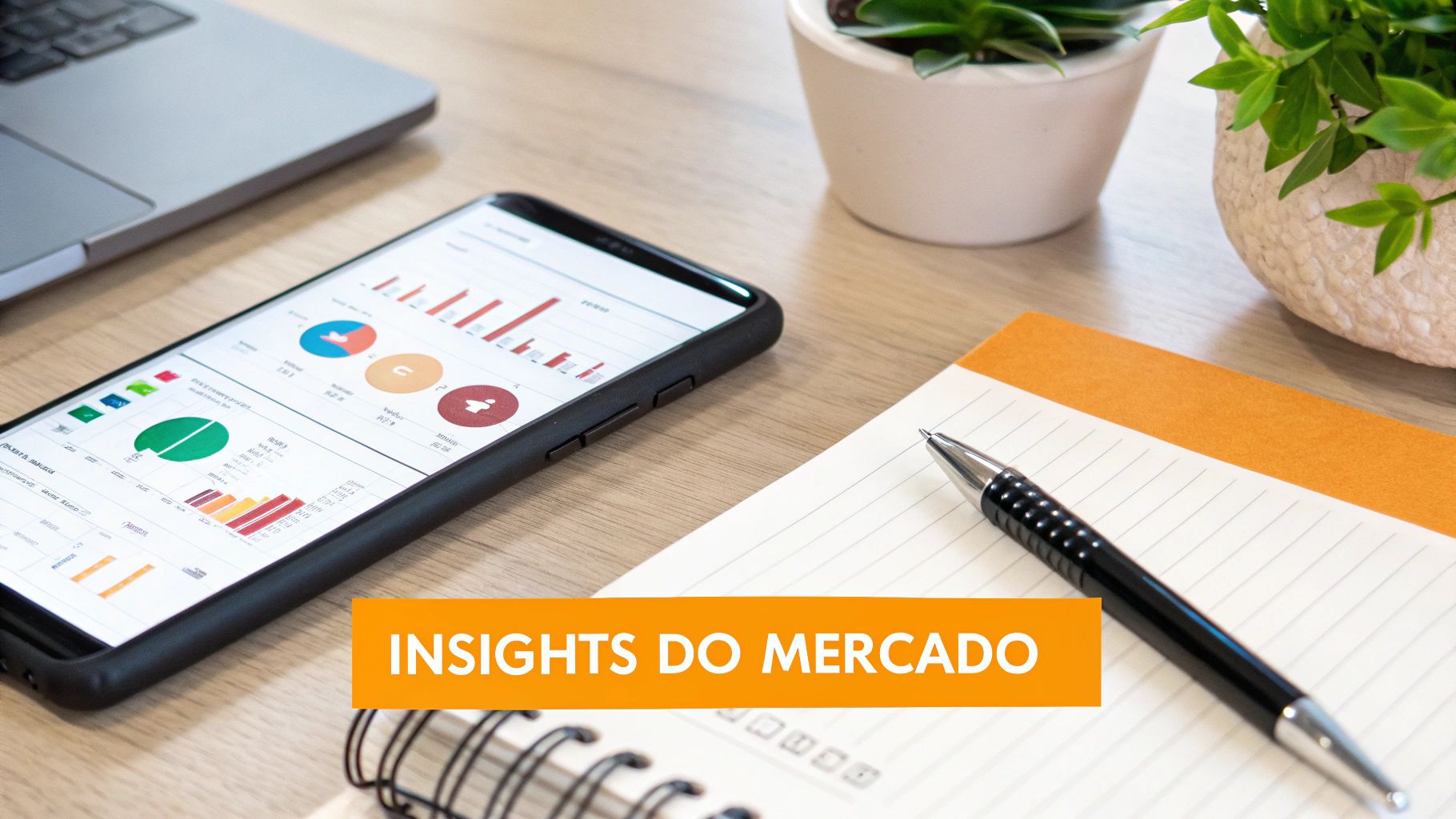 Um smartphone exibindo gráficos e análises de mercado, com um notebook, caderno e caneta sobre uma mesa de madeira. Banner laranja com 'Insights do Mercado'.