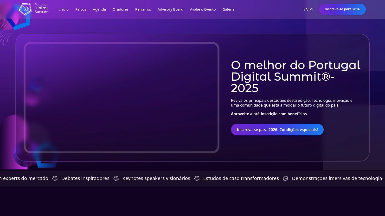 Página inicial do site do Portugal Digital Summit, exibindo o logótipo do evento e detalhes da edição mais recente.