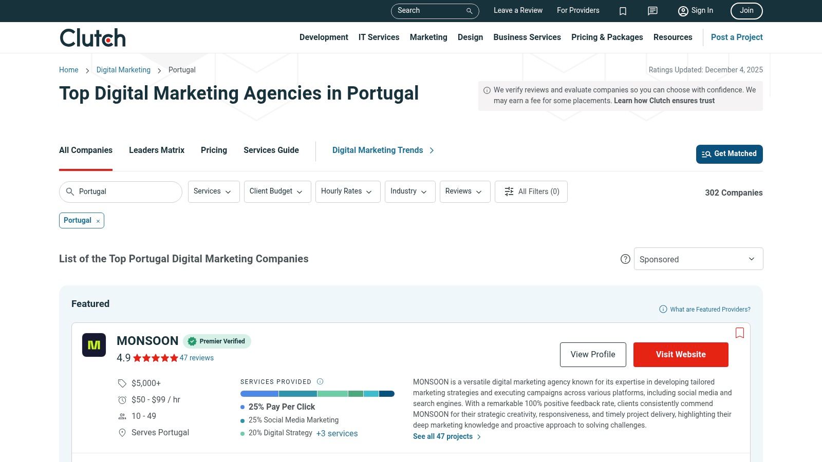 Clutch Leaders Matrix para agências de marketing digital em Portugal