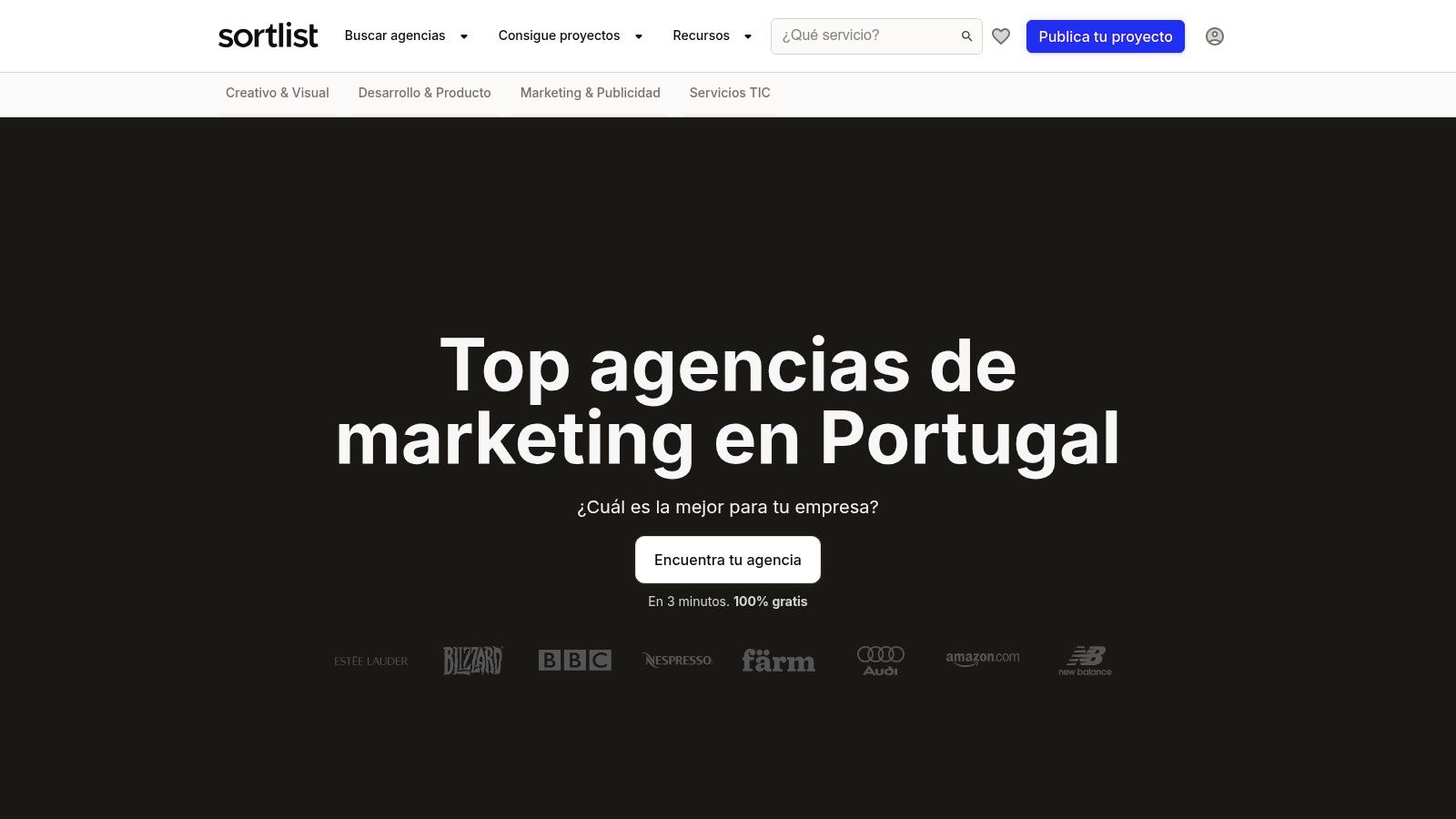 Interface da Sortlist para procurar agências de marketing digital em Portugal
