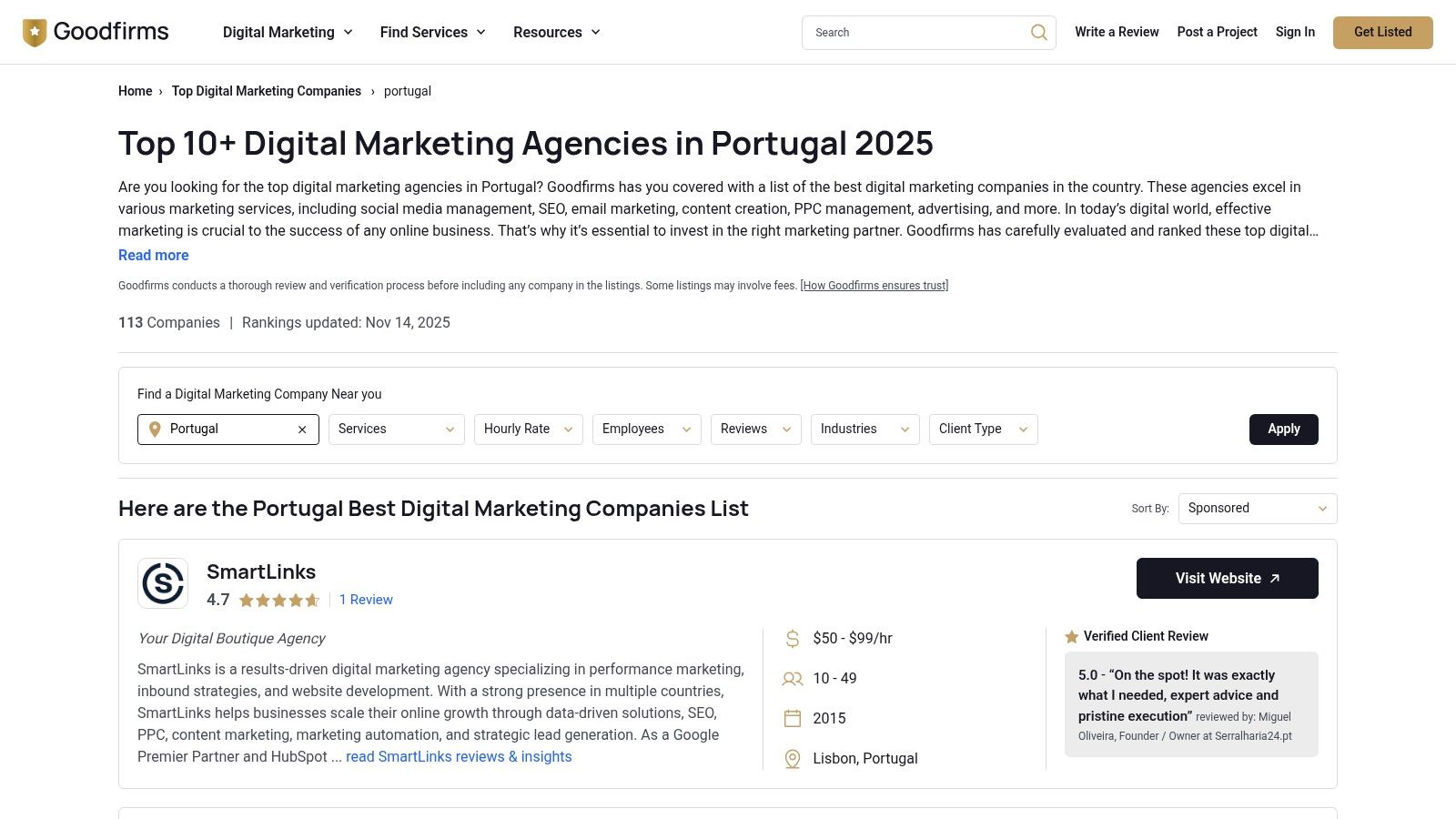 GoodFirms lista de agências de marketing digital em Portugal
