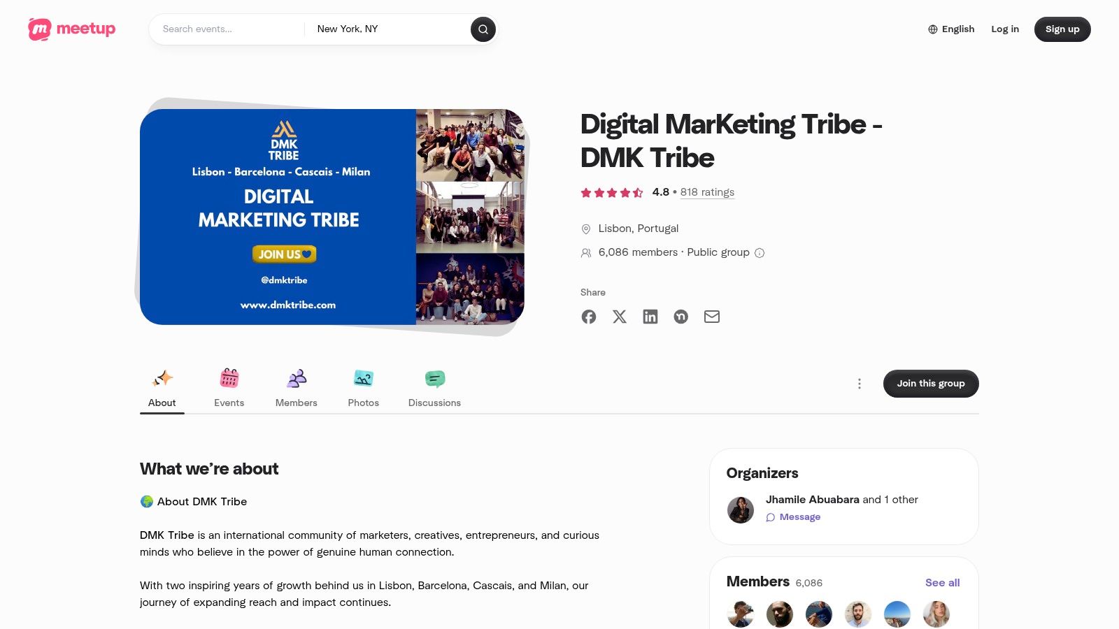 Página do grupo Meetup Digital Marketing Tribe (Lisboa), mostrando o nome do grupo, o número de membros e eventos futuros.