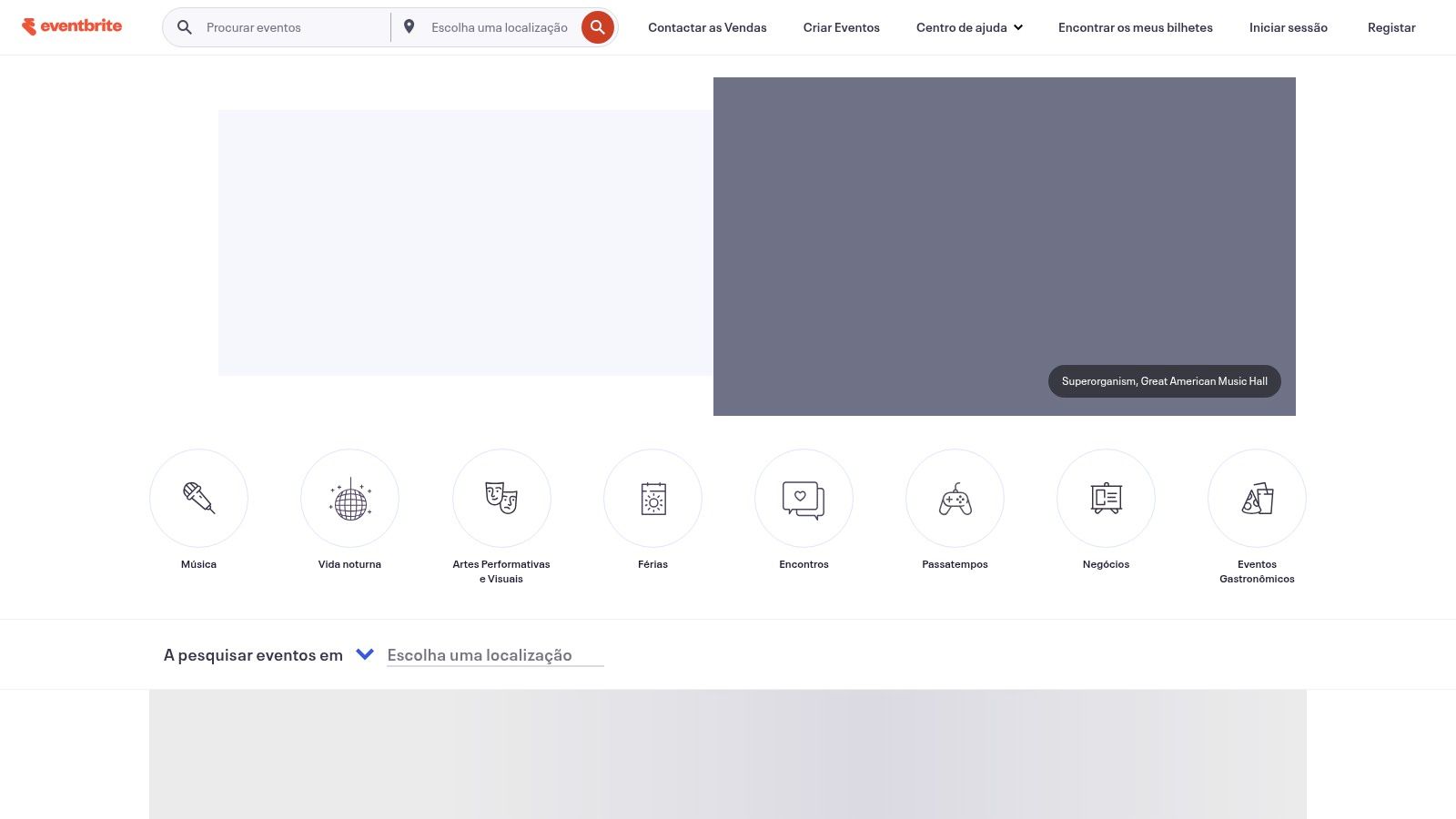 Página de eventos de marketing na Eventbrite Portugal, mostrando várias listagens de eventos com imagens e títulos.