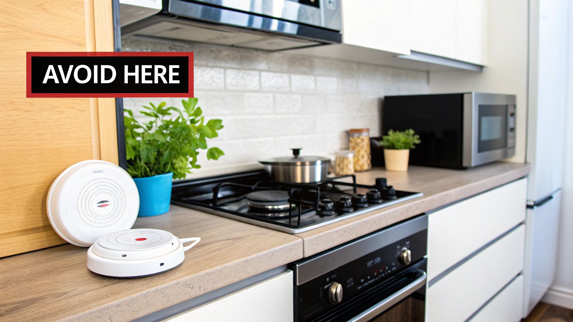 Carbon monoxide detector on kitchen countertop with warning "AVOID HERE," highlighting improper placement near appliances, emphasizing safety concerns for detector installation.