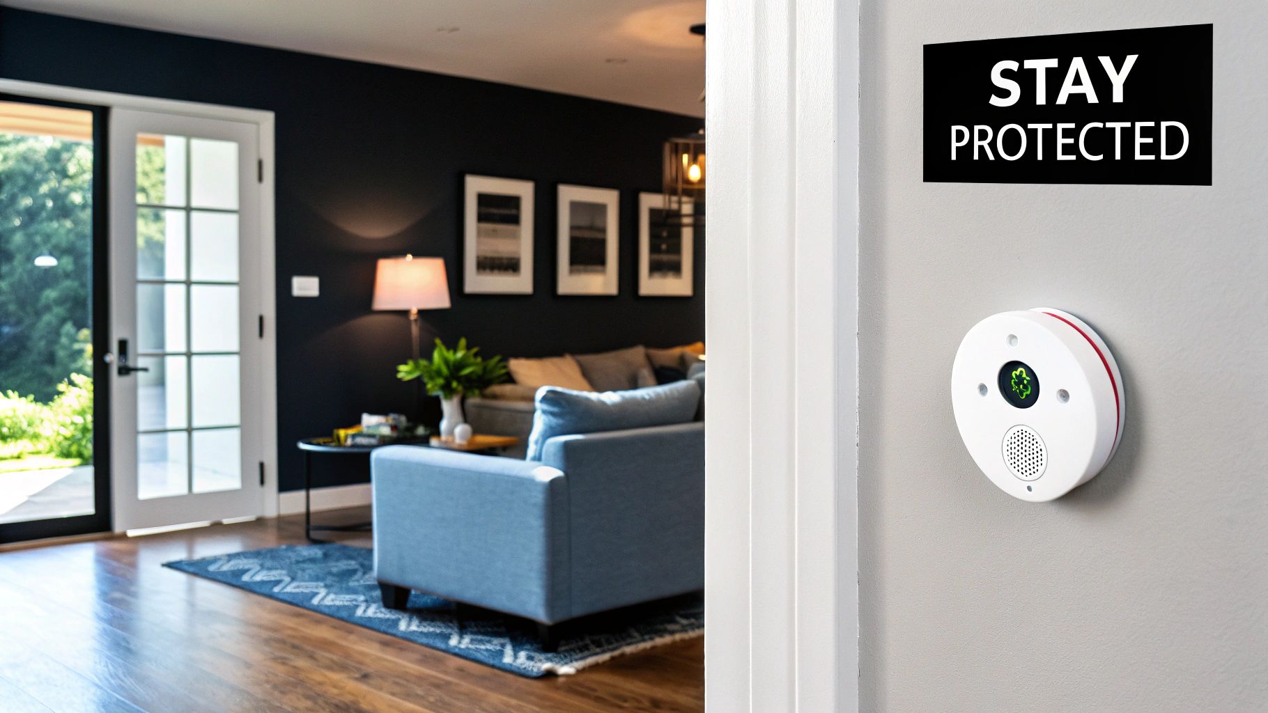 Carbon monoxide detector mounted on a wall with a "STAY PROTECTED" sign, set in a modern living room environment, emphasizing safety against CO poisoning.