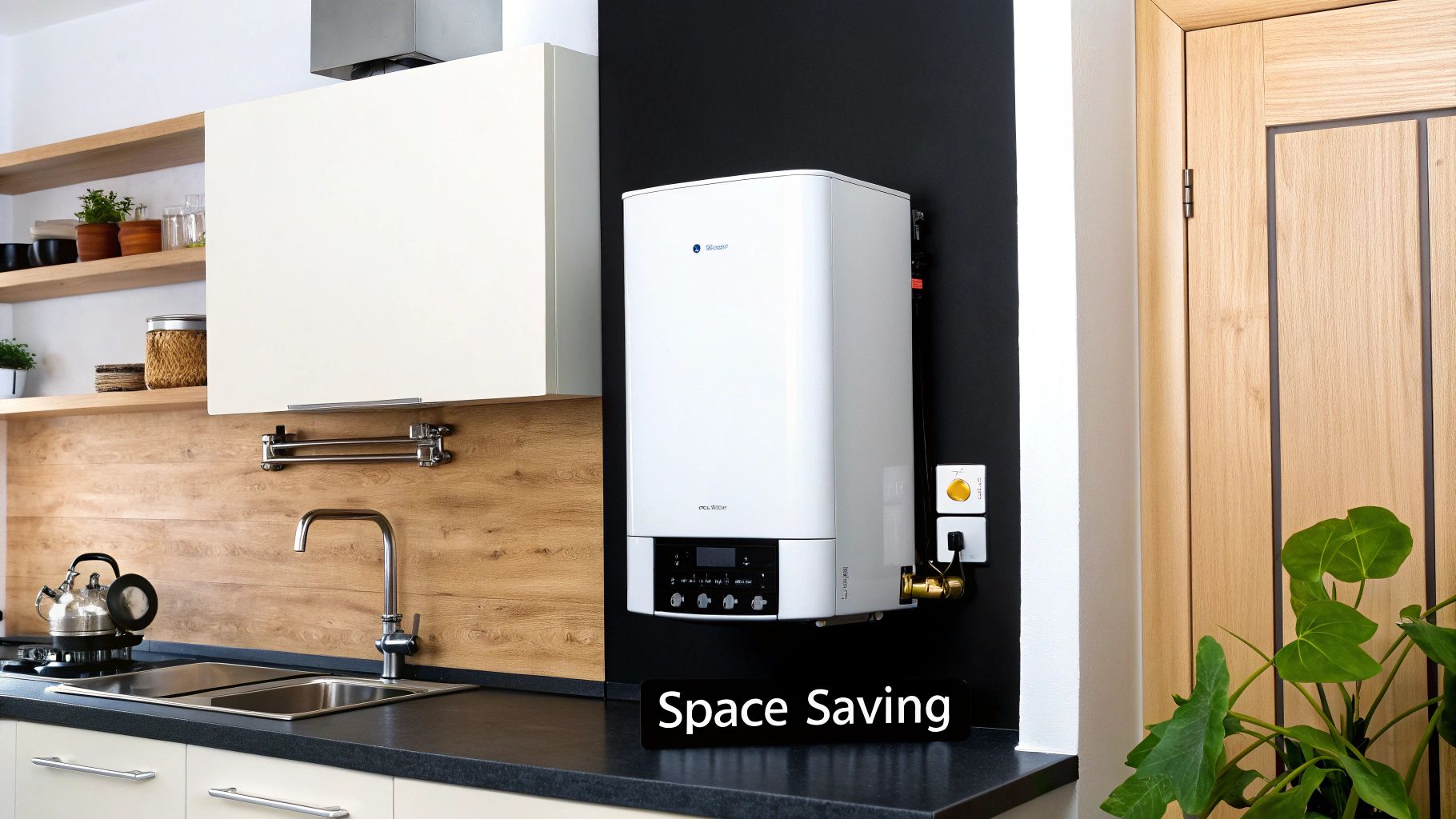Combi boiler installed in a modern kitchen, highlighting space-saving design with black wall and wooden accents.