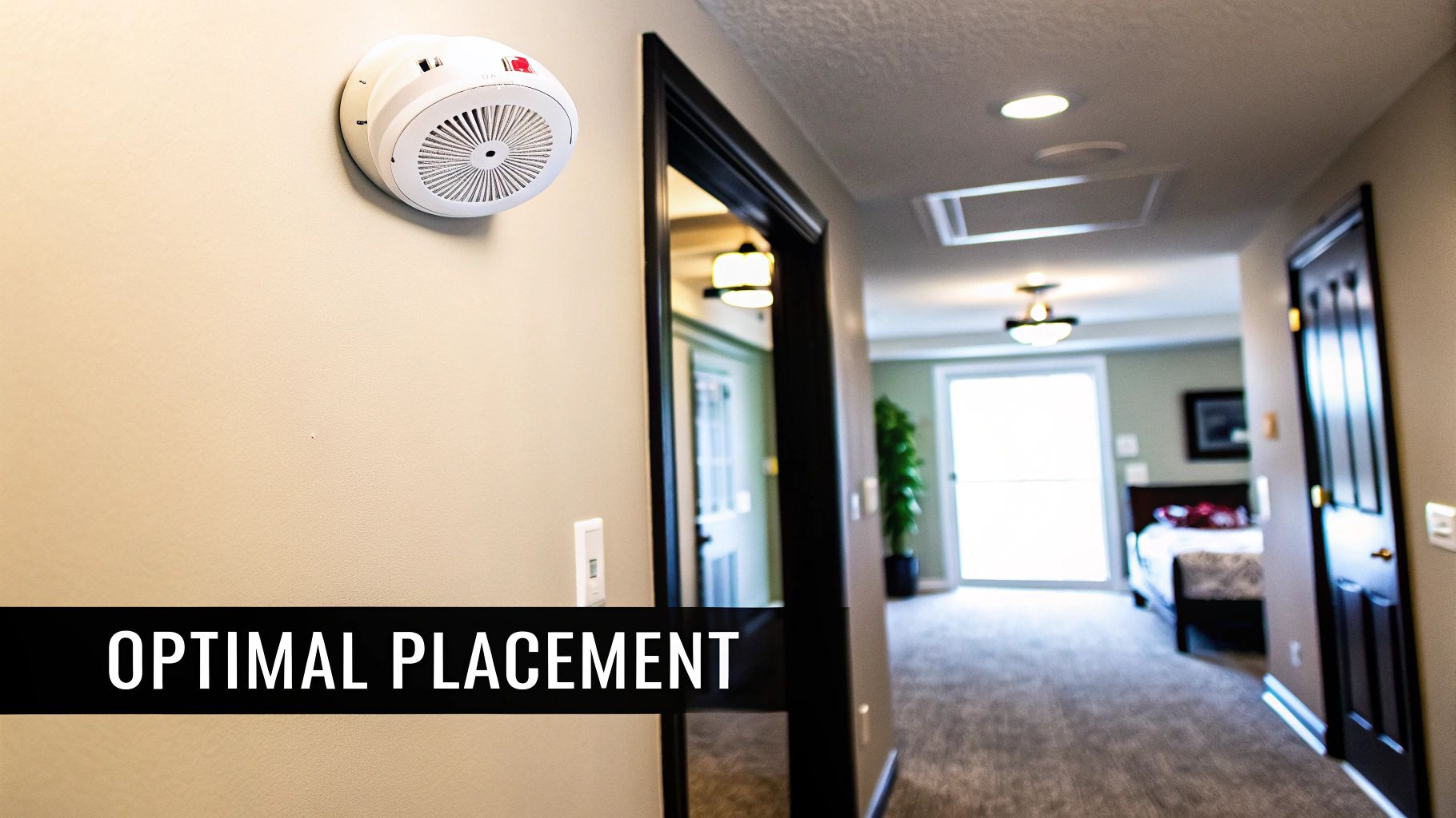 Carbon monoxide detector mounted on a wall in a hallway, emphasizing optimal placement for safety in homes.