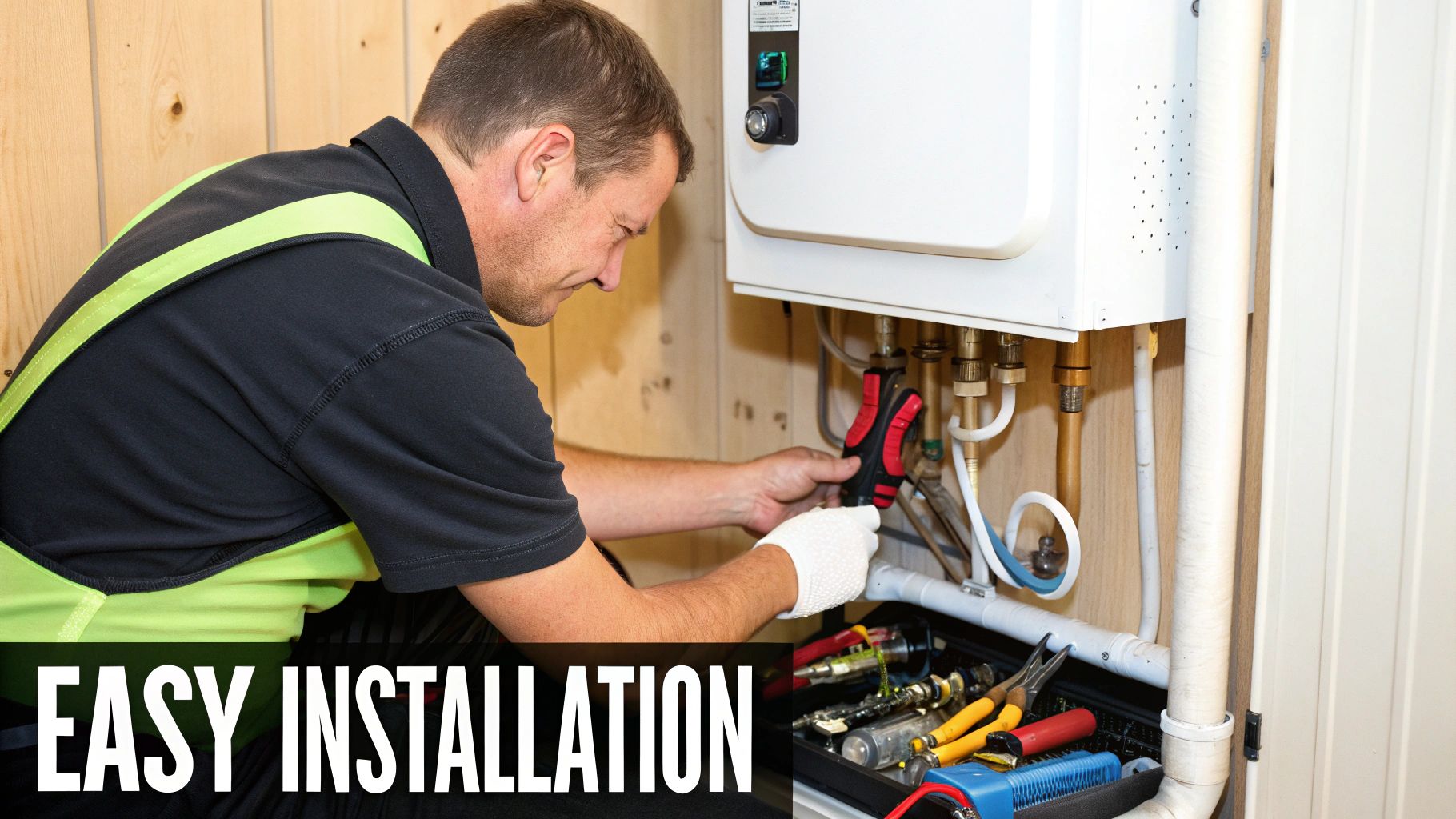 Technician installing a combi boiler with tools, emphasizing easy installation, relevant to JJK Gas Services' guide on boiler options for UK homeowners.