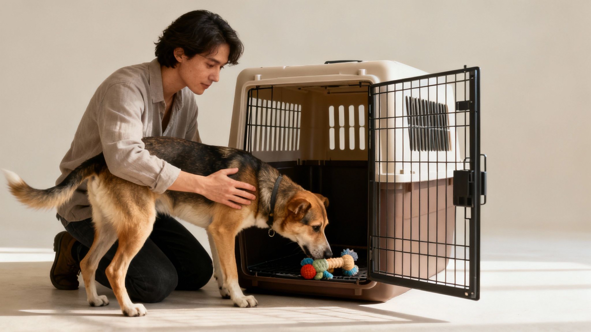 A man kneels and pets a dog exploring an open pet crate with a colorful toy inside.