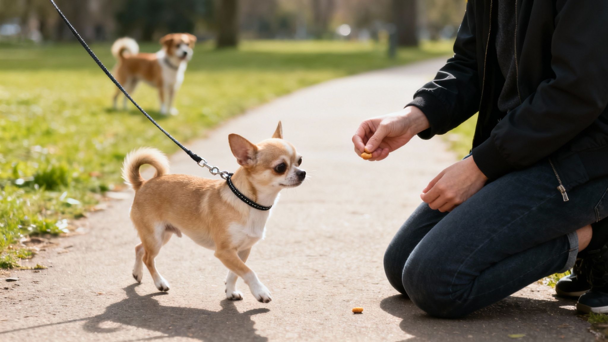 A person kneels, offering a treat to a leashed chihuahua on a sunny outdoor path.