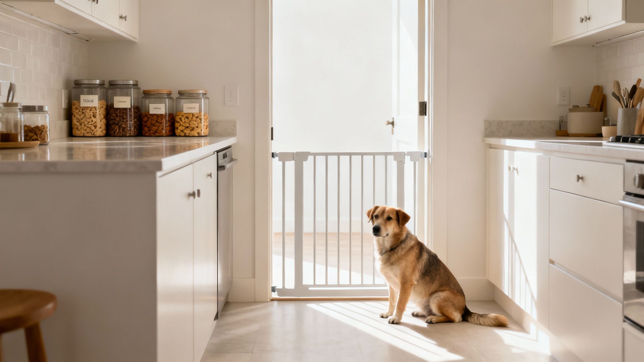 German Shepherd dog sitting obediently behind white safety gate in modern kitchen entrance