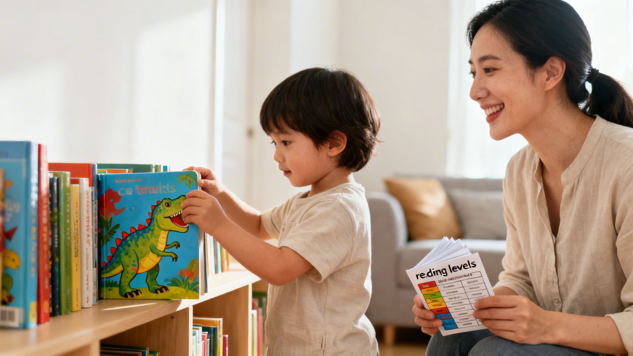 A child happily reading a book in a cozy, sunlit room, surrounded by other books.