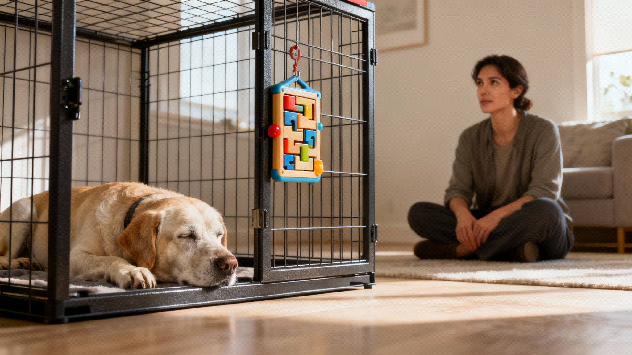 An older dog resting calmly in its crate with a special puzzle toy.