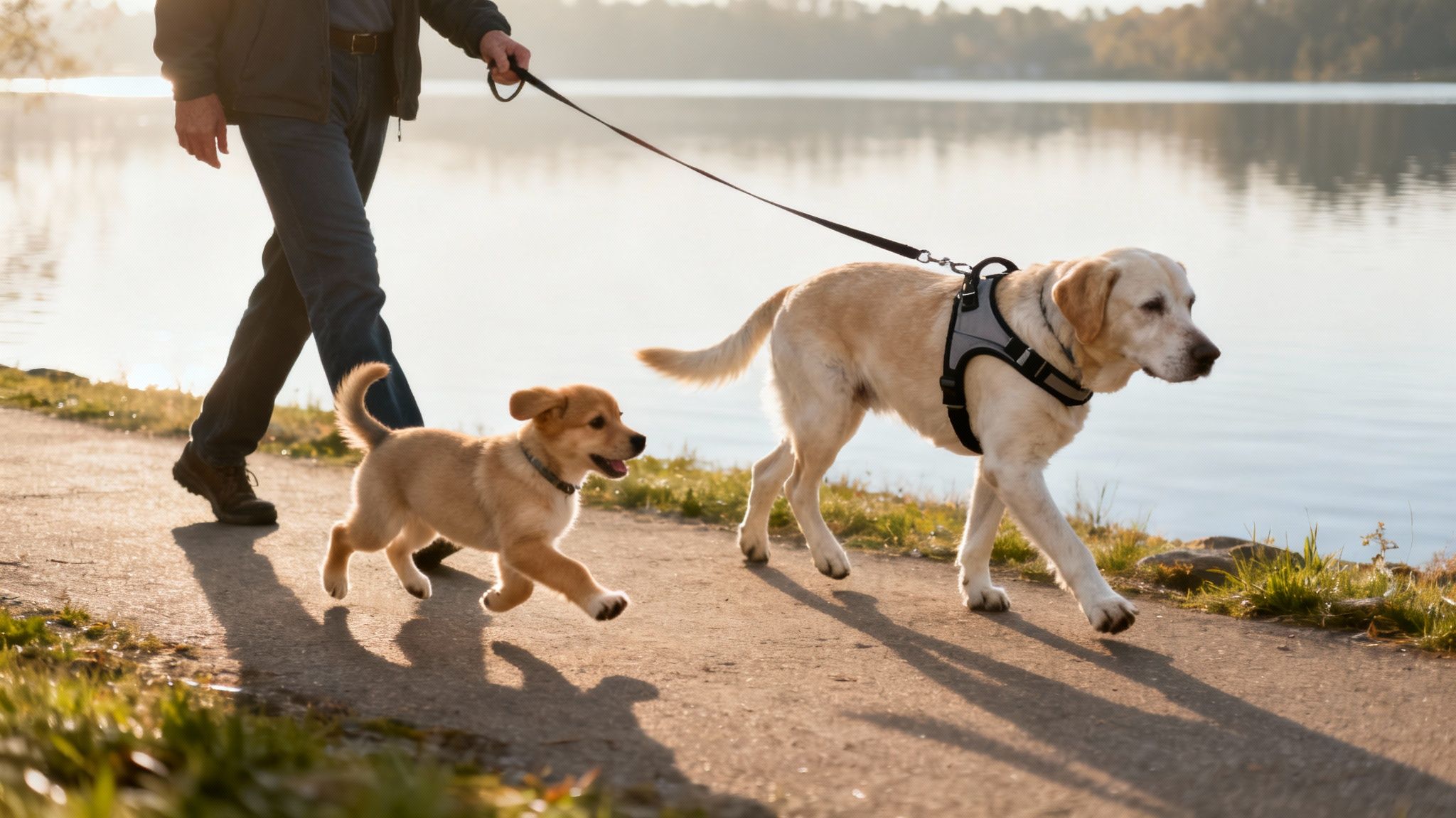 A person walks an adult Labrador and a playful puppy on a leash beside a calm lake.