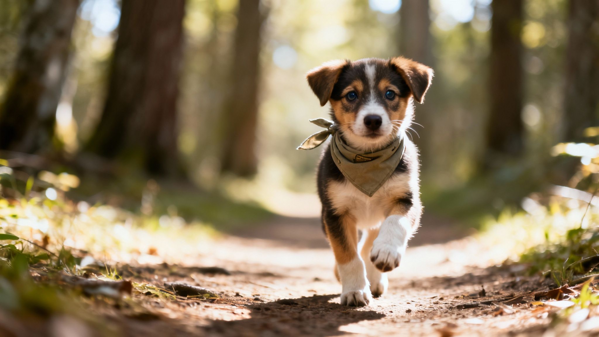 A cute tri-color puppy wearing a green bandana walks on a sunny forest path.
