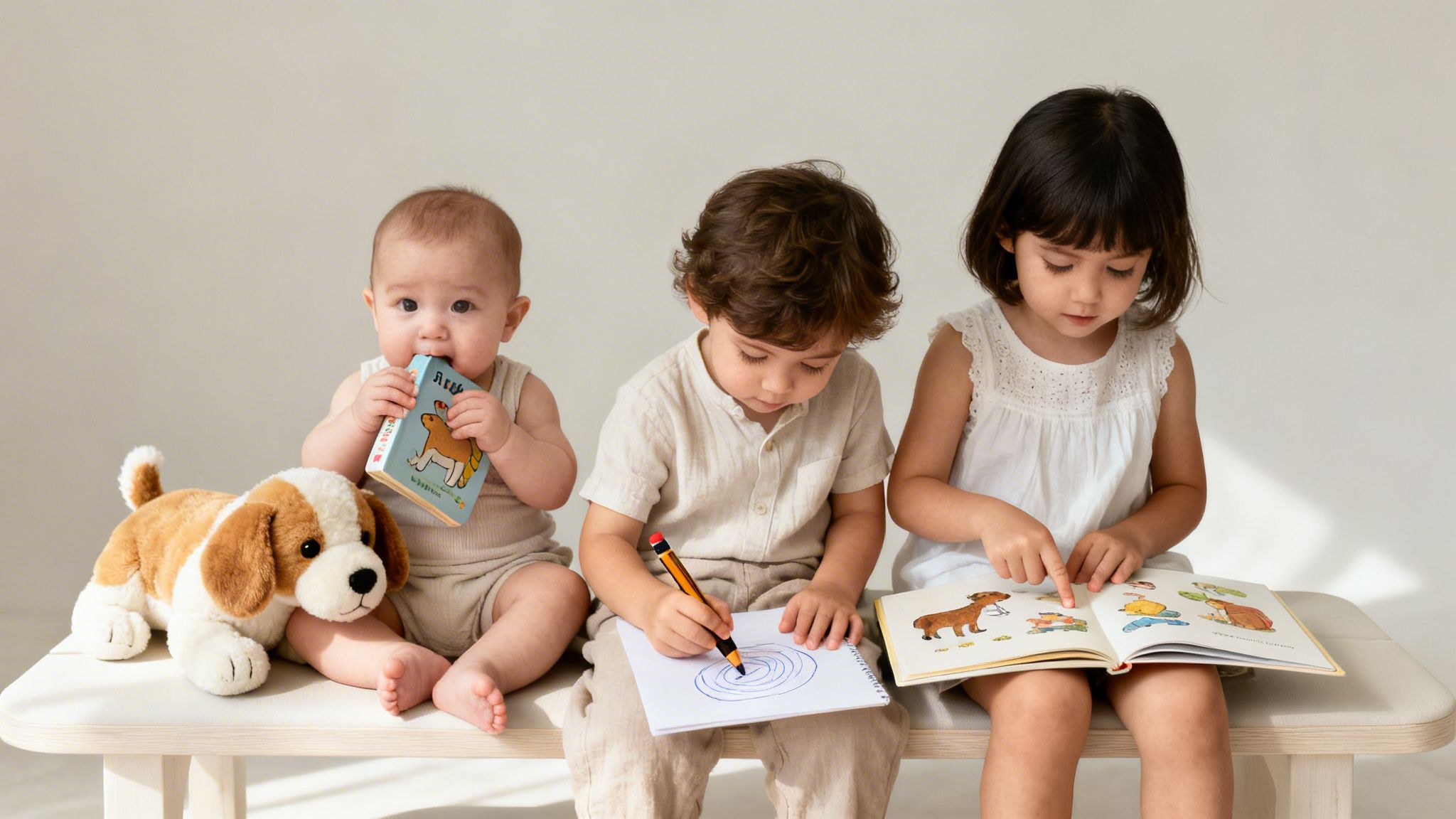 Three young children on a bench engaging in reading and drawing activities, fostering emergent literacy skills.