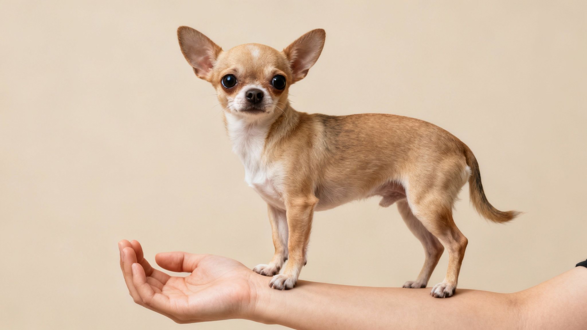 A small, light brown Chihuahua dog stands on a human hand against a plain background.