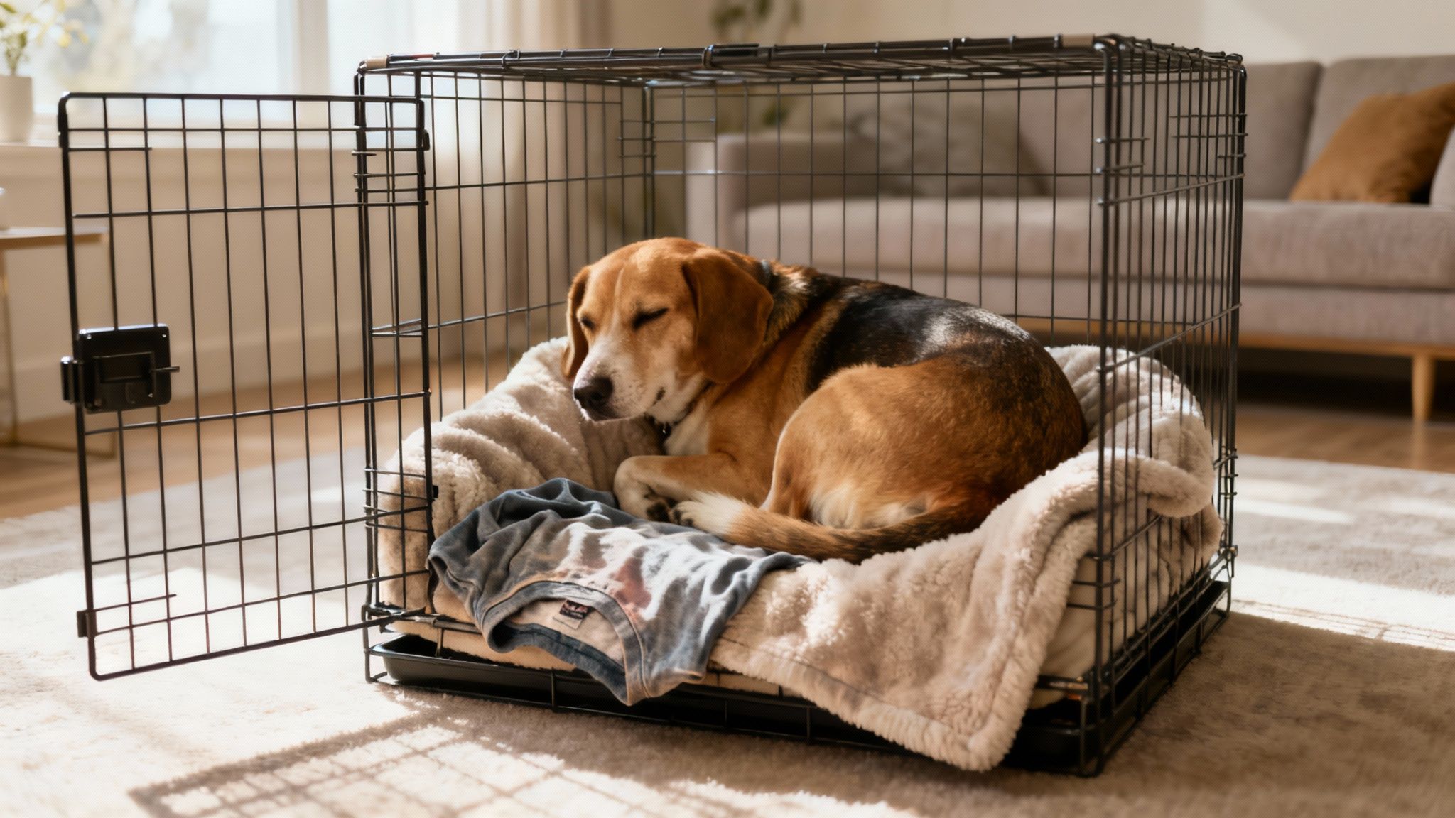 A happy dog resting comfortably inside its crate with a blanket.