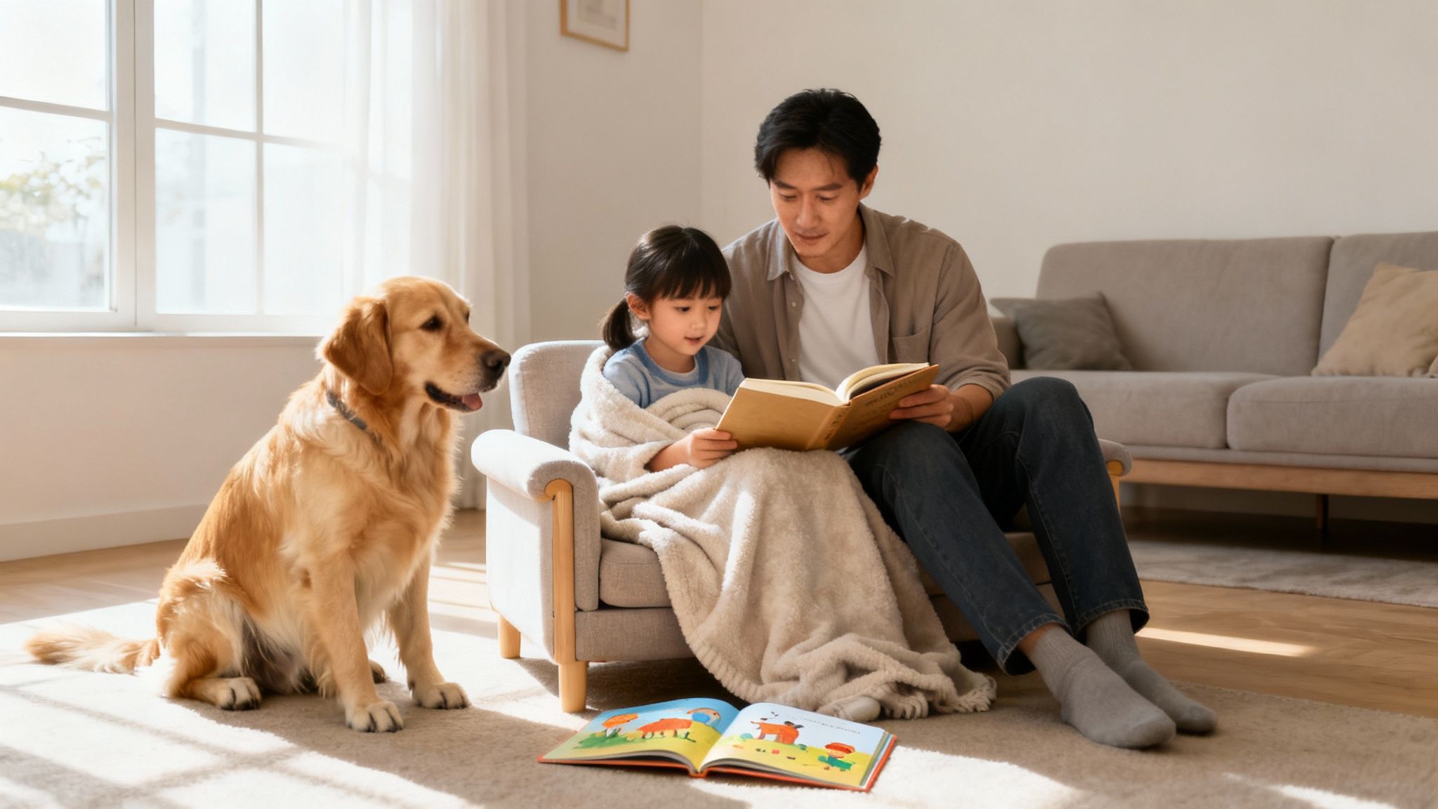 Father and daughter reading a book together in a sunny living room with their golden retriever.