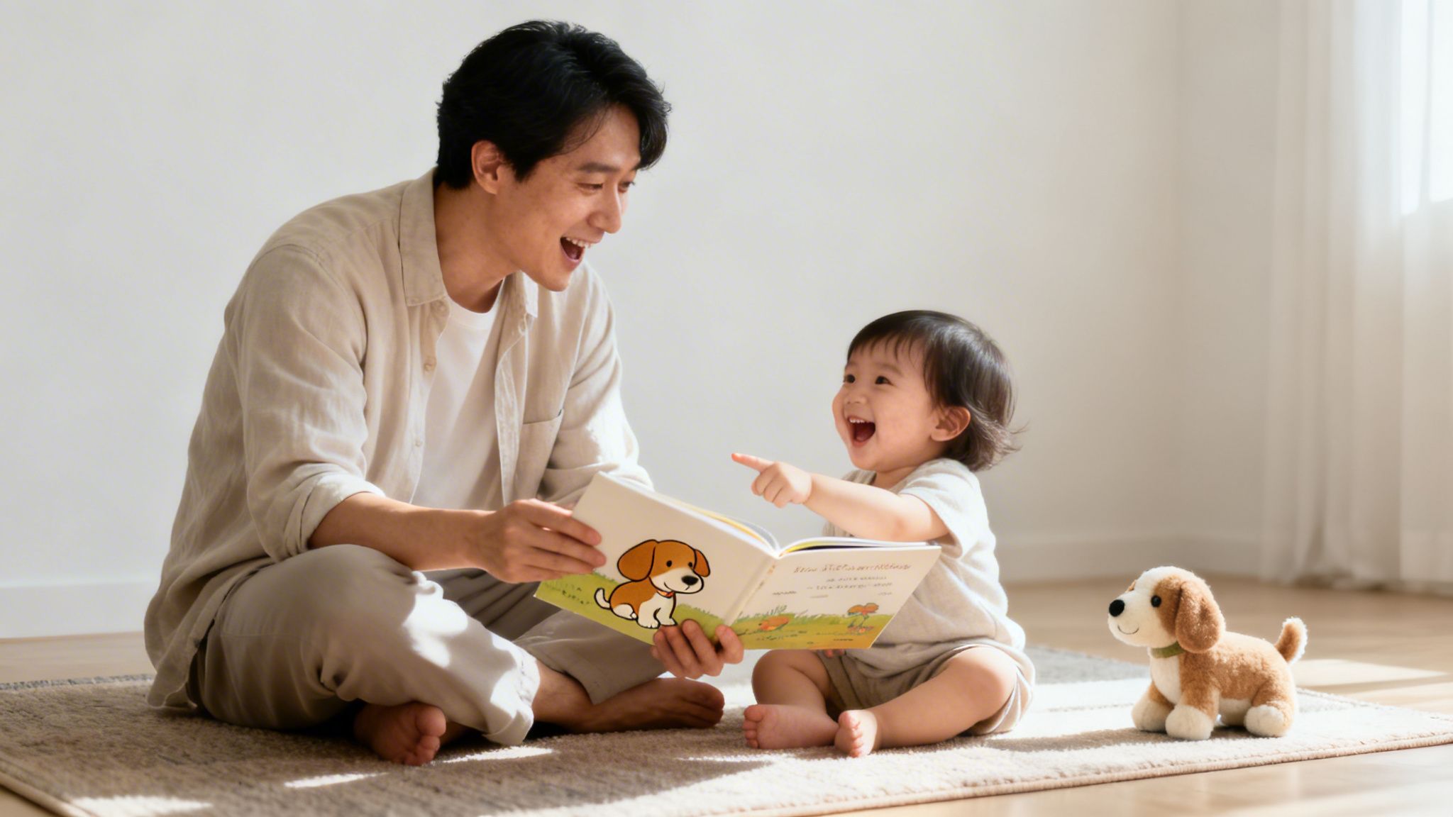 A smiling father and child read a dog picture book, enjoying storytime on the floor.