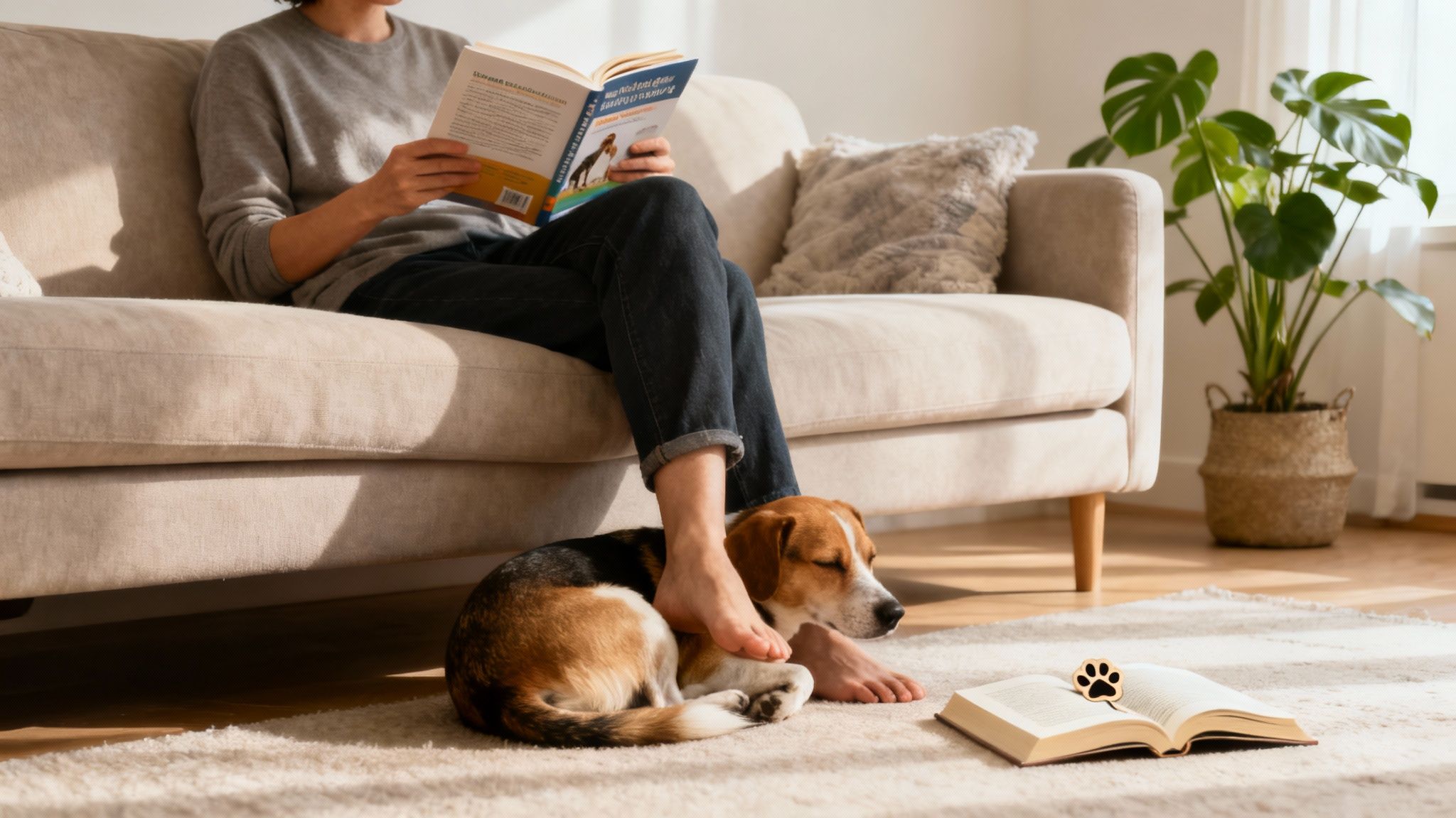 A person reading a book with their dog resting its head on their lap.