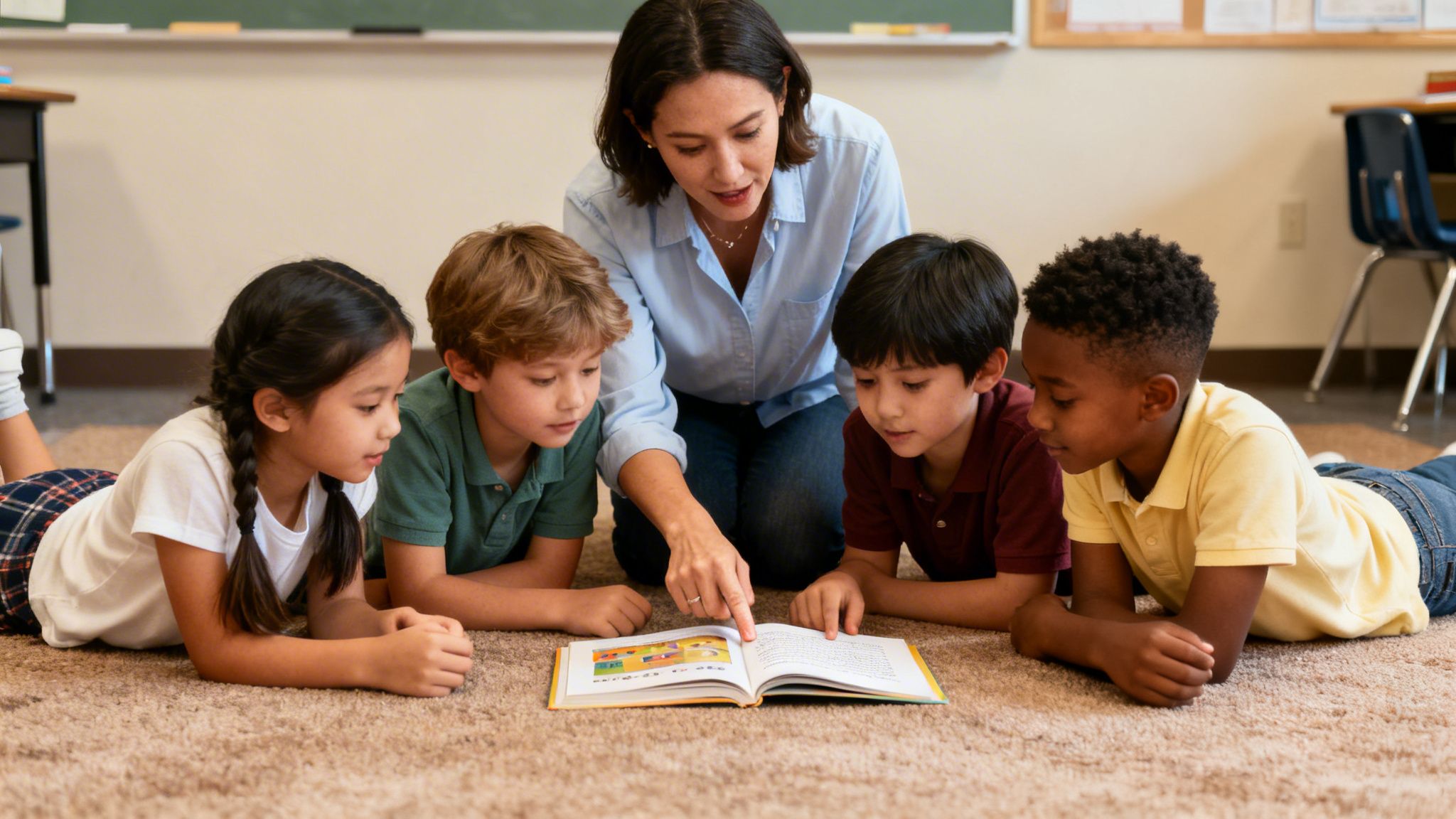 A diverse group of students and a teacher read a book together on the classroom floor.