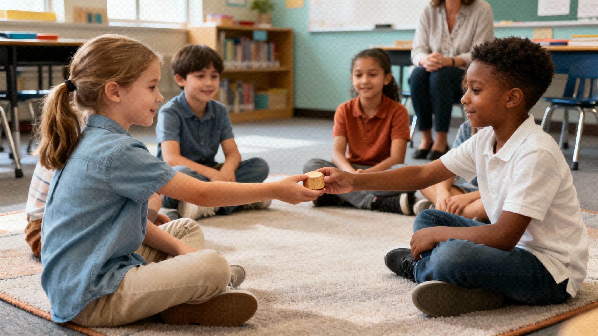 Diverse elementary students sitting in a circle on a rug, passing a wooden block in a classroom.