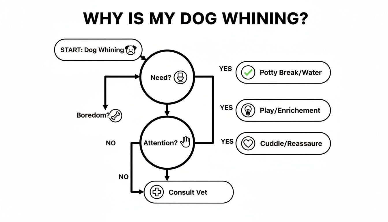 Flowchart illustrating common reasons for dog whining and suggested solutions like addressing needs or boredom.